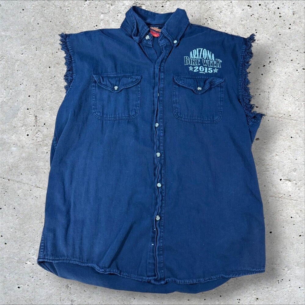 Hot Leathers Arizona Bike Week 2015 Shirt Mens XL Skeleton Chopper Denim Vest